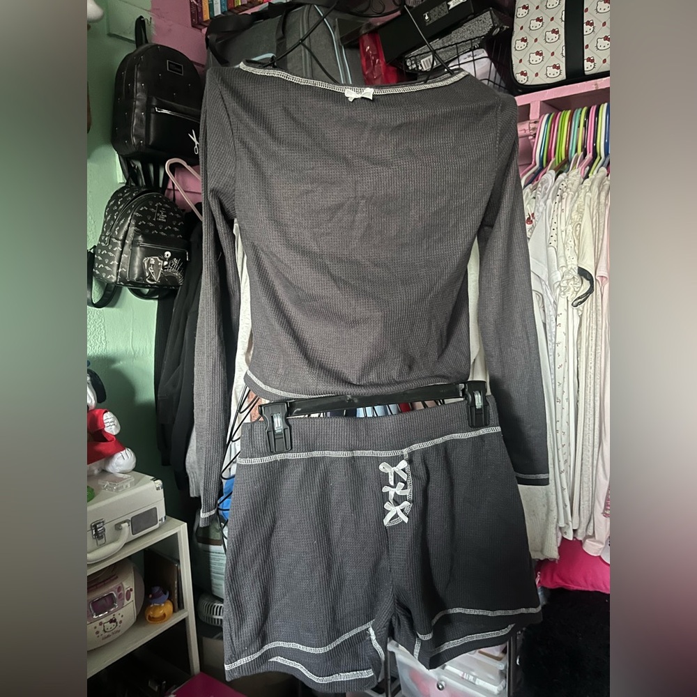 Women's Charcoal Gray waffle Lounge Set with Contrast Trim